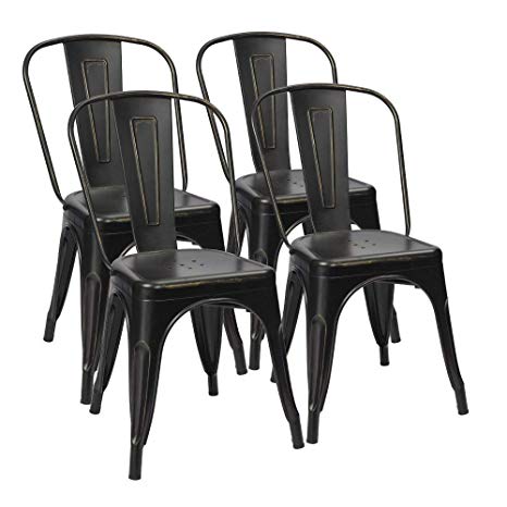 Furmax Metal Chairs Distressed Style Indoor/Outdoor Use Stackable Chic Dining Bistro Cafe Side Chairs Set of 4 (Distressed Black)