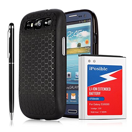 iPosible Samsung Galaxy S3 Extended Battery [ 4700mAh] With Back Cover & Extended TPU Protective Case (Up to 240% Extra Battery Power) - 24 Month Warranty & 2in1 Stylus Pen Included