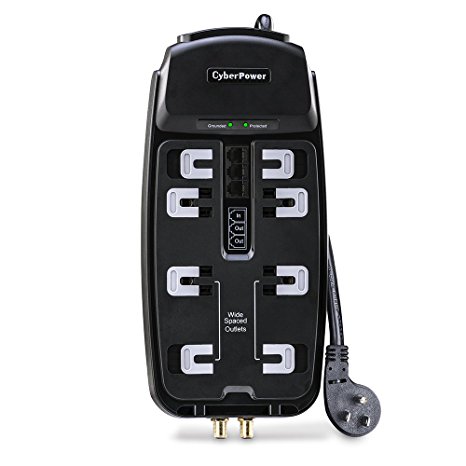 CyberPower CSHT808TC Home Theater 8-Outlets Surge Suppressor 8FT Cord and AV protection 2850 Joules