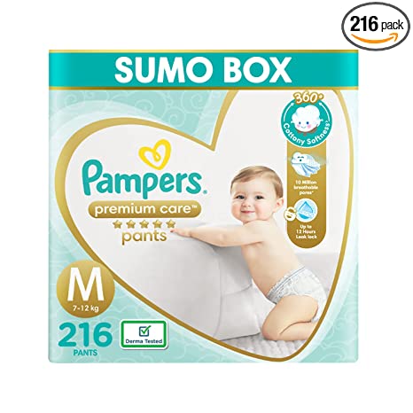 Pampers Premium Care Pants, Medium size baby diapers (M), 216 Count, Softest ever Pampers pants