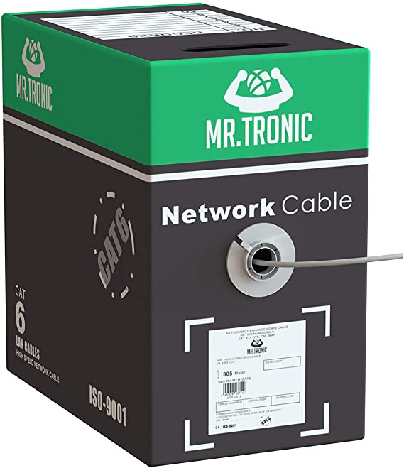 Mr. Tronic 305m Ethernet Network Bulk Cable | CAT6, AWG24, CCA, UTP (305 Meters, Grey)