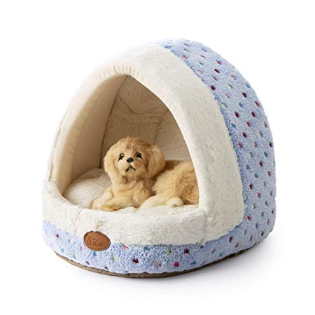 Tofern Colorful Dots Patterns Striped Cute Pet Fleece Bed Puppy Small Medium Dog Cat Sleeping Igloo House Non-Slip Warm Washable, Blue Dots