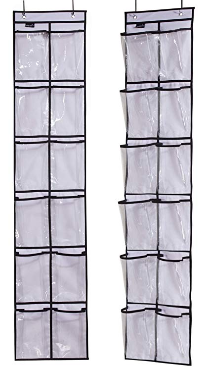 MISSLO Over The Narrow Door Shoe Organizer with 12 Crystal Pockets Hanging Closet Door (2 Packs, White)