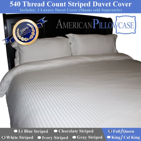 American Pillowcase - Queen / Full Size Bed Striped Duvet Cover - 100% Egyptian Cotton, 540 Thread Count With Wrinkle Guard (Color: White)