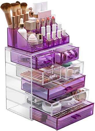 Sorbus Acrylic Cosmetic Makeup and Jewelry Storage Case Display - Spacious Design - Great for Bathroom, Dresser, Vanity and Countertop (3 Large, 4 Small Drawers, Purple/Clear Combo)