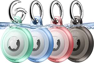 JETech Lot de 4 Coque Étanche pour AirTag avec Porte-Clés, Corps Complète Étui Housse de Air Tag Anti-Rayures Porte-Clefs Support pour Enfants, Collier pour Animal (Noir/Vert/Rose/Bleu)