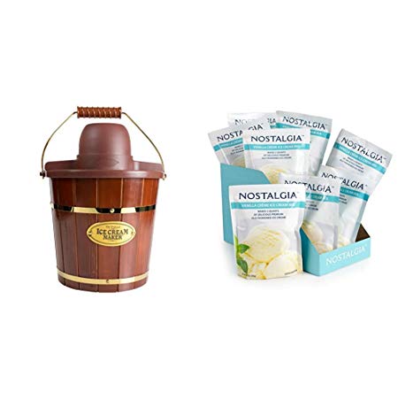 Nostalgia ICMW400 4 Quart Wood Bucket Ice Cream Maker with 8 packs of Premium Vanilla Creme Ice Cream Mix