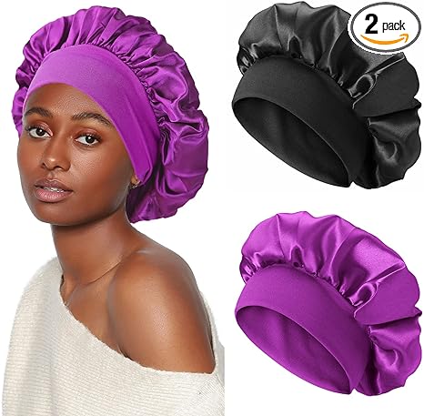 AliLeader Silk Hair Wrap for Sleeping, 2Pcs Soft Silk Bonnet for Sleeping, Colorful Satin Bonnet Sleep Cap for Curly Hair, Hair Bonnet for Sleeping, Bonnets for Black Hair (Black Purple)