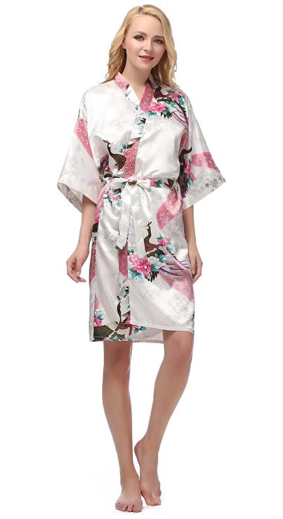 gusuqing Women's Printing Peacock Kimono Robe Short Sleeve Silk Bridal Robe