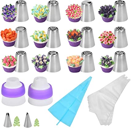 TIMESETL 27pcs Russian Piping Tips, Stainless Steel Flower Piping Tips, Cake Decorating Supplies - 12 Icing Piping Nozzles 2 Couplers 2 Leaf Tips 1 TPU Bag 10 Pastry Baking Bags for Cake Cupcake DIY Baking