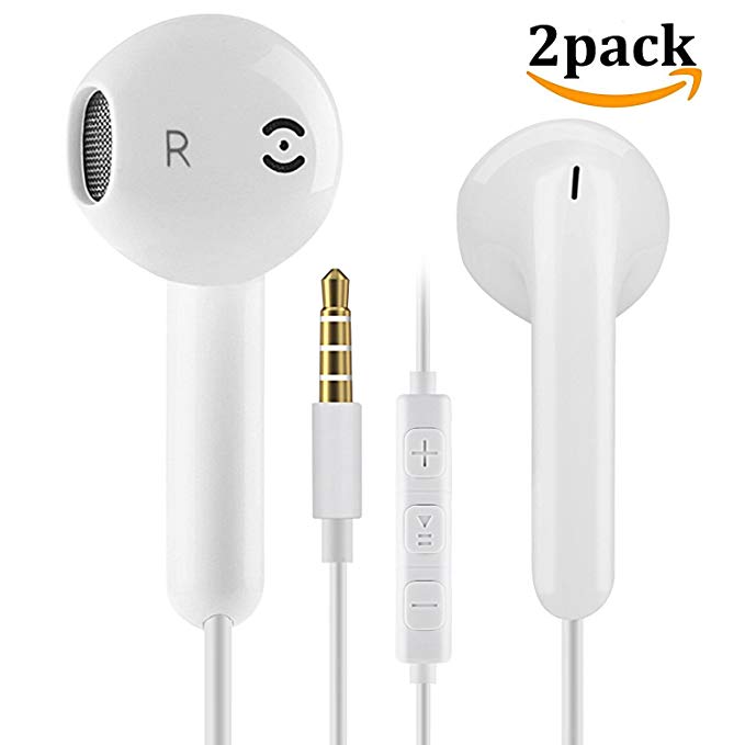 ZJXD In Ear Headphones iPhone Earphones Noise Isolating Wired Earbuds 3.5mm Earpods With Stereo Mic Remote For Apple iPhone 6 6S, iPad, iPod, Samsung, HUAWEI (2 Pack White)