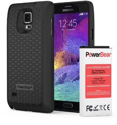 PowerBear Samsung Galaxy Note 4 7500mAh Extended Battery & Back Cover & Protective Case (Up to 2.3X Extra Battery Power) - Black [24 Month Warranty & Screen Protector Included]