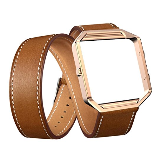 Voberry® Luxury Long Leather Double Ring Watch Band Wrist Strap   Metal Frame For Fitbit Blaze Smart Watch (Brown)