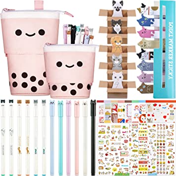 417 Pcs Christmas Cute Cat Stationery Set Xmas Cat Transformer Stand Pencil Pouch Case Bag Gel Ink Pen Sticky Memos Notes Cat Album Sticker Bookmark Page for School Office (Milk Tea Style)