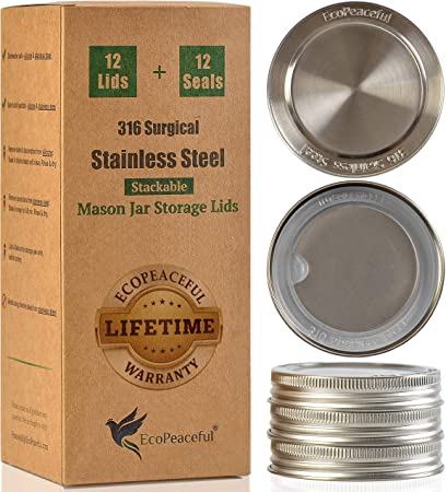 EcoPeaceful 316 Surgical Stainless Steel Mason Jar Lids REGULAR Mouth - ORIGINAL DESIGN - Stackable w/ Pull-Tab Silicone Seal. Rust-proof, Airtight, Leak-proof, Vegan, BPA-Free, PVC-free, Reusable - Not for Canning