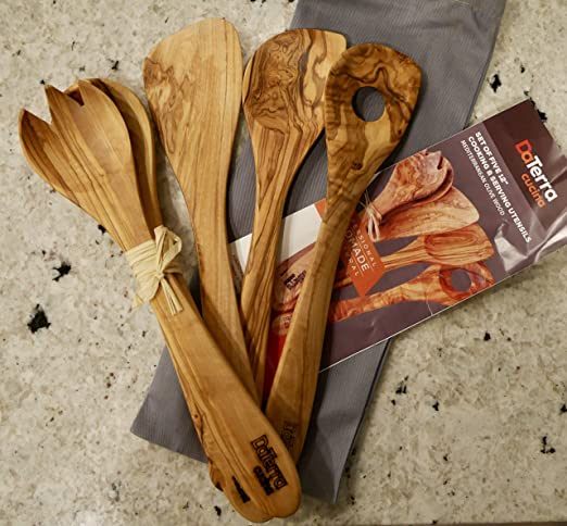 Olive Wood Cooking and Serving Utensils, Set of Five 12 inch utensils