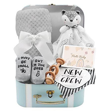 Baby Gift Set, Baby Shower Gifts Basket Newborn Blanket Baby Lovey Security Blanket Wooden Rattle Toy, Funny Baby Bibs Socks & Greeting Card - Baby Gift Basket Newborn Shower Basket for Boys