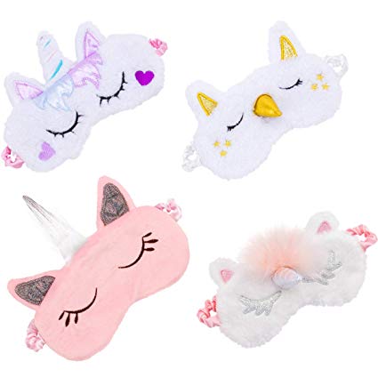 Biubee 4 Pack Soft Plush Unicorn Sleeping Mask- Cute Unicorn Horn Blindfold Eye Cover for Women Girls Kids Travel Nap Night Sleeping