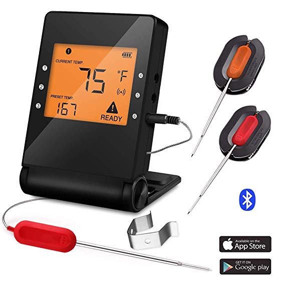 Barbecue Meat Thermometer Wireless Bluetooth Cooking Probe with 2 Probe for Indoor Outdoor Oven Grill Smoker BBQ Remote Control Digital Supports IOS and Android Android Phone Monitoring