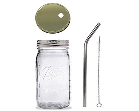 1 Ball Glass Mason Drinking Jar with 1Lid , 1 Stainless Steel Straw and 1 Straw Cleaner (32oz wide mouth, gold)