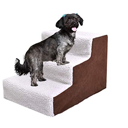 JAXPETY Animals Favorite Pet Stairs, 3 Steps Ramp Ladder for Dogs, Portable, Ladder with Cover Indoor White & Coffee