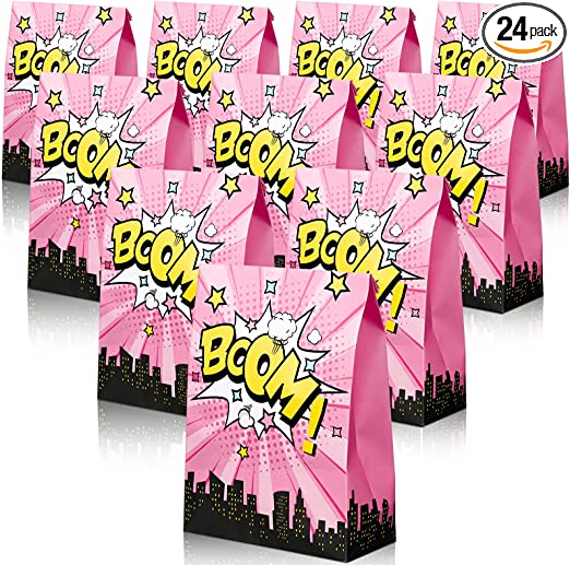 24 Pcs Hero Girl Party Supplies Bags Pink Comic Book Hero Birthday Supplies Goody Treat Gift Wrap Bags Pink Candy Bags for Hero Girl Theme Birthday Party Favor Baby Shower Party Gift Bags