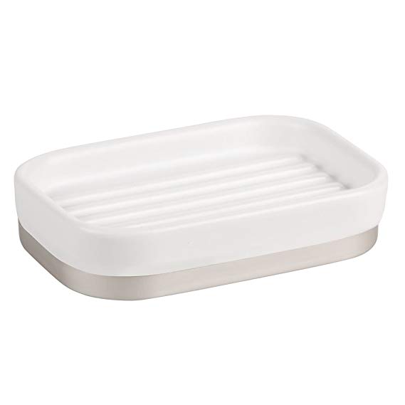 InterDesign Sedona Ceramic Soap Dish for Bathroom Vanity Countertops – Satin White/Nickel