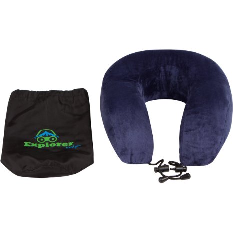 Explorer Travel Gear Premium Neck Pillow with Contoured Memory Foam, Plush Washable Cover & Bonus Storage Bag, {Blue}