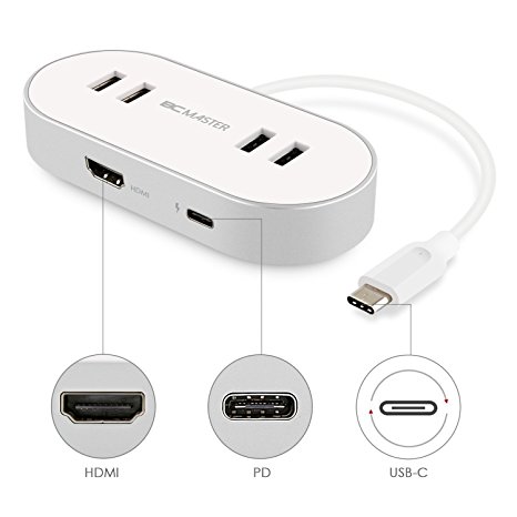 BC Master USB-C Hub with HDMI (4k) and Power Delivery with 4 USB 3.0 Data Transfer Ports   1 HDMI Video Adapter   1 USB-C Recharging Port, for the new Macbook, ChromeBook Pixel and More
