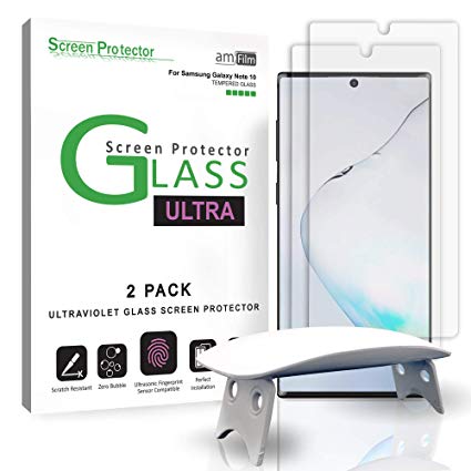 amFilm Ultra Glass Screen Protector for Galaxy Note 10, (2 Pack) UV Gel Application, Tempered Glass, Compatible with UltraSonic Fingerprint Scanner for Galaxy Note 10 (2019)