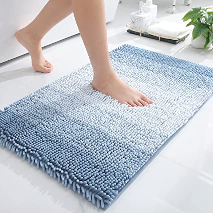 OLANLY Luxury Chenille Bathroom Rug Mat, Extra Soft Thick Absorbent Shaggy Bath Rugs, Non-Slip Machine Wash Dry Plush Bath Mats for Bathroom, Tub and Shower, 16x24, Blue