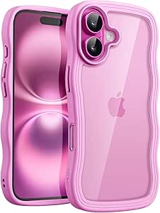 JETech Wavy Case for iPhone 16 6.1-Inch, Cute Wave Frame Curly Shape Shockproof Phone Cover for Women and Girls, Clear Hard PC Back (Pink)