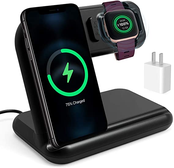 OenFoto 2 in 1 Wireless Charger Compatible with Fibit Versa 2 (Not for Versa)– Adjustable Charging Stand Cable Station Dock for Fibit Versa 2 and Wireless Cell Phone (with QC 3.0 Adapter)