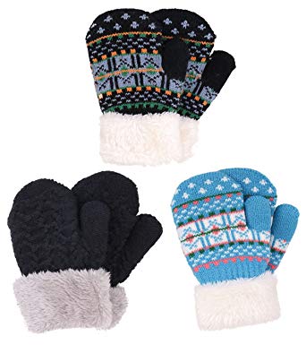 Arctic Paw 3 Pairs Kids' Sherpa Lined Knit Mittens Boys Girls Winter Gloves