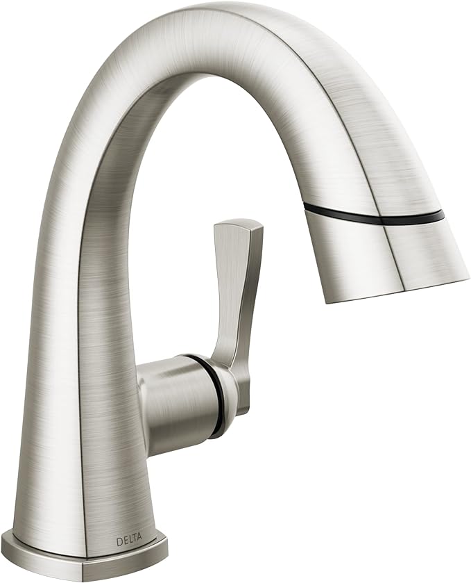 Delta Faucet Stryke Pull Down Bathroom Faucet, Bathroom Pull Out Faucet, Brushed Nickel Single Hole Bathroom Faucet with Pull Down Sprayer, Bathroom Sink Faucet, Lumicoat Stainless 577-SSPD-PR-DST