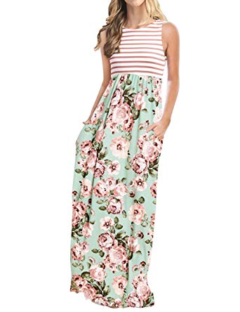 MEROKEETY Women's Striped Floral Print 3/4 Sleeve Tie Waist Maxi Dress with Pockets