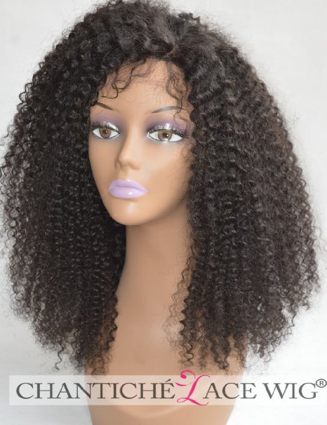 Chantiche® Kinky Curly Lace Front Wigs For Black Women Glueless 100% Brazilian Remy Human Hair Wigs With Baby Hair Natural Looking 130 Density Medium Size Cap 16Inches Color #1B