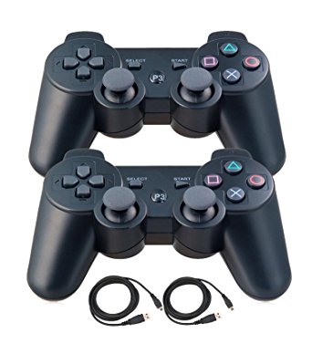 Bowink 2 Packs Wireless Bluetooth Controllers For PS3 Double Shock - Bundled with USB charge cord (Black Black)