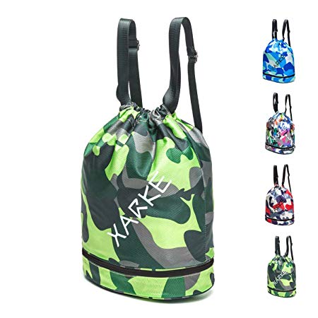 Waterproof Drawstring Bag, Dry Wet Separated, Lightweight Sports Backpack for Swimming, Gym, Beach, Camping, Hiking, Travel,Camouflage Green