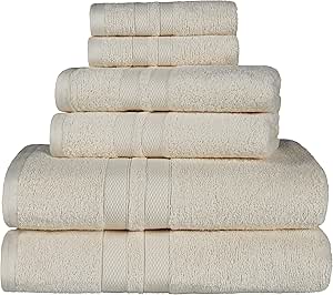 Superior Ultra-Soft 6-Piece Cotton Towel Set, Includes 2 Bath Towels, 2 Hand Towels, and 2 Washcloths for Bathroom, Guest Room, Quick Dry, Daily Use Home Essential Towels - Ivory