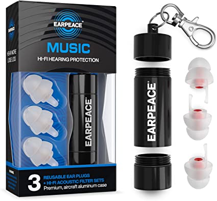 EarPeace Concert Ear Plugs - Reusable High Fidelity Earplugs - Hearing Protection for Music Festivals, DJs, Musicians, Motorcycles, Raves, Work & Airplane Noise Reduction - (Standard, Black Case)