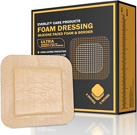 EVERLIT Silicone Foam Dressing with Gentle Adhesive Border | Sterile, Highly Absorbent, Waterproof Hydrocellular Foam Bandages | Advanced Wound Care for Bed Sores, Pressure Ulcers (3" x 3" | 10 Pack)