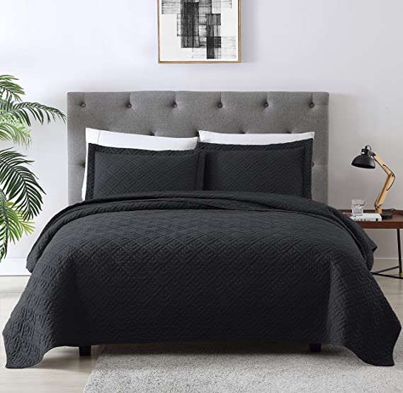 EXQ Home Quilt Set Full Queen Size Black 3 Piece,Lightweight Microfiber Coverlet Modern Style Squares Pattern Bedspread Set