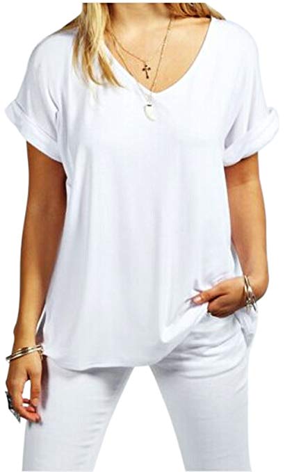 Meaneor Women Solid Comfy Loose Fit Roll Over Short Sleeve V Neck Lightweight Top Tee