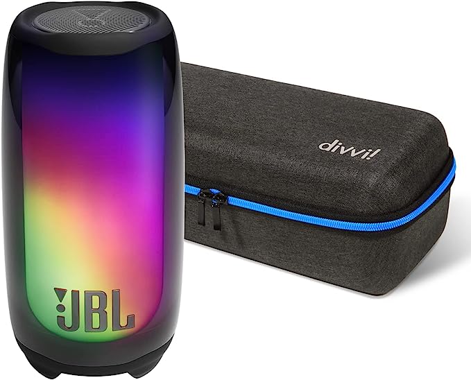 JBL Pulse 5 Black Bluetooth Light Show Speaker Bundle with Premium divvi! Hardshell Case