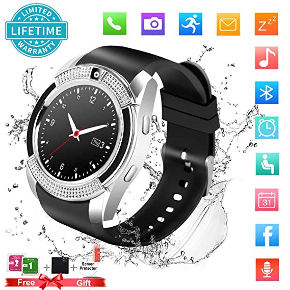 Smart Watch,Bluetooth Smartwatch Touch Screen Wrist Watch with Camera/SIM Card Slot,Waterproof Phone Smart Watch Sports Fitness Tracker Compatible Android Phone iOS Phones (Silver)