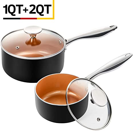 MICHELANGELO Saucepan Set with Lid, Nonstick 1Qt & 2Qt Copper Sauce Pan Set with Lid, Small Pot with Lid, Ceramic Nonstick Saucepan Set, Small Sauce Pots, Copper Pot Set - 1Qt & 2Qt