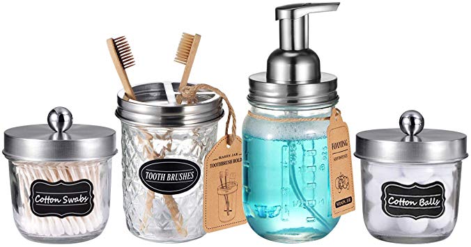 Mason Jar Bathroom Accessories Set(4 Pack) - Foaming Soap Dispenser&Qtip Holder Set&Toothbrush Holder-Rustic Farmhouse Decor Bathroom Organizer Apothecary Jar Country Countertop (Brushed Nickel)