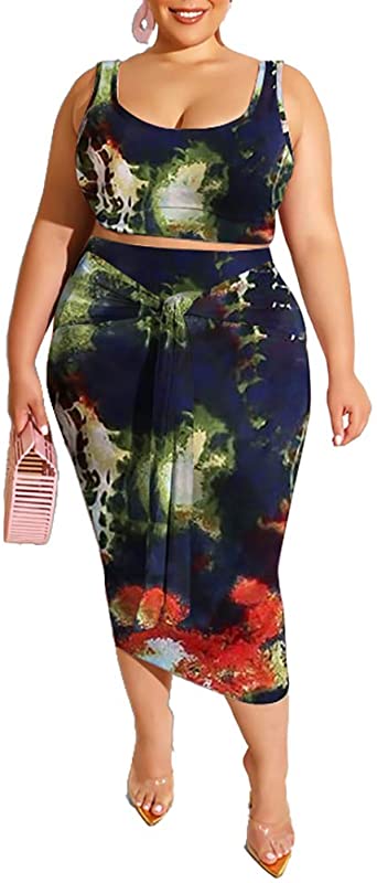 Women Plus Size Two Piece Midi Dress Outfits - Sexy Sleeveless Tie Dye Print Tank Crop Top   Bodycon Tie Pencil Skirts Set