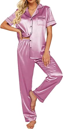 Ekouaer Silk Satin Pajamas Set Women Short Sleeve Sleepwear Soft Button Down Loungewear Pjs Set